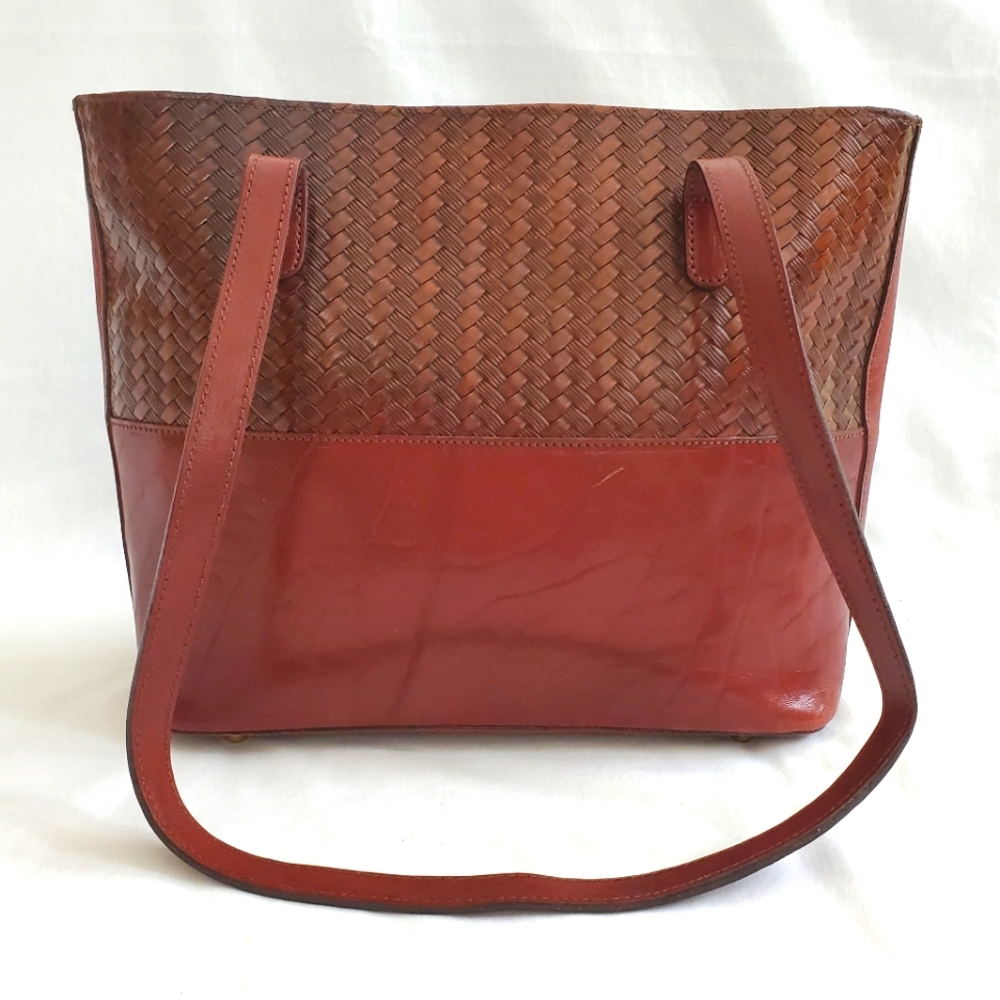 Brahmin Woven and Smooth Leather Tote in Chestnut Red. Size is 9”x12”x4”. - Picture 3 of 12